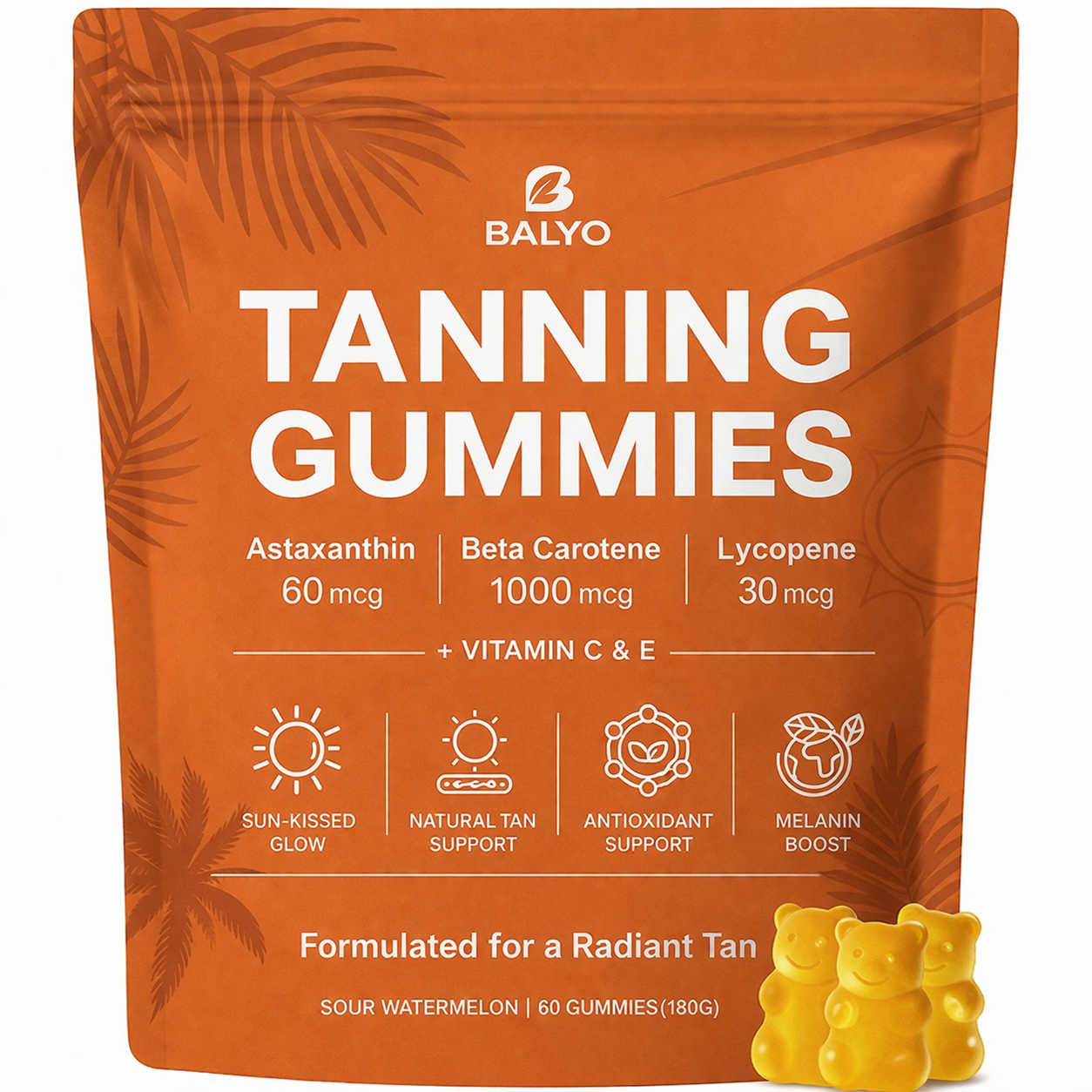 Balyo Tanning Gummies - Natural sun-kissed skin supplement  with Astaxanthin for Men and Women